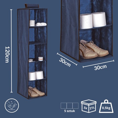 BLUE niebieski wiszący organizer do szafy 5 przegród 30X30X120cm BLUE niebieski wiszący organizer do szafy 5 przegród 30X30X120cm