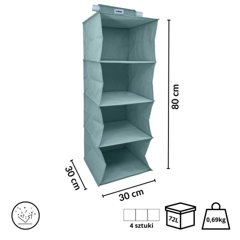 MINT zielony Wiszący organizer do szafy 4 przegrody 30x30x80cm MINT zielony Wiszący organizer do szafy 4 przegrody 30x30x80cm