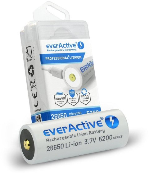 Akumulator 26650 Li-Ion 3,7V everActive 5200mAh micro USB (1 szt.) z zabezpieczeniem Akumulator 26650 Li-Ion 3,7V everActive 5200mAh micro USB (1 szt.) z zabezpieczeniem