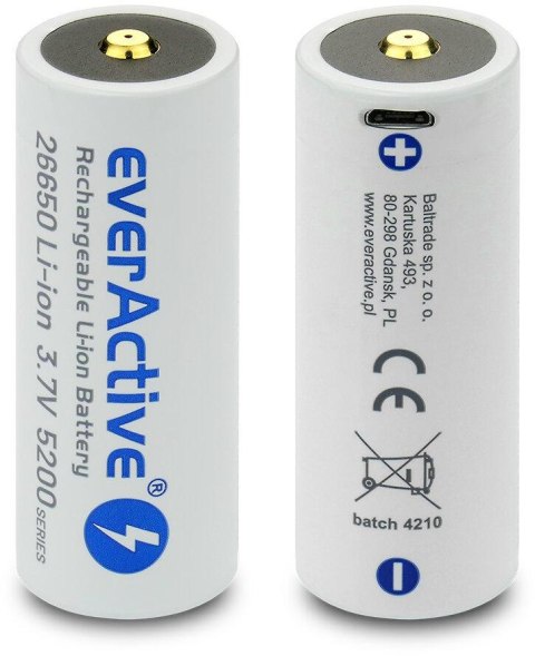 Akumulator 26650 Li-Ion 3,7V everActive 5200mAh micro USB (1 szt.) z zabezpieczeniem Akumulator 26650 Li-Ion 3,7V everActive 5200mAh micro USB (1 szt.) z zabezpieczeniem