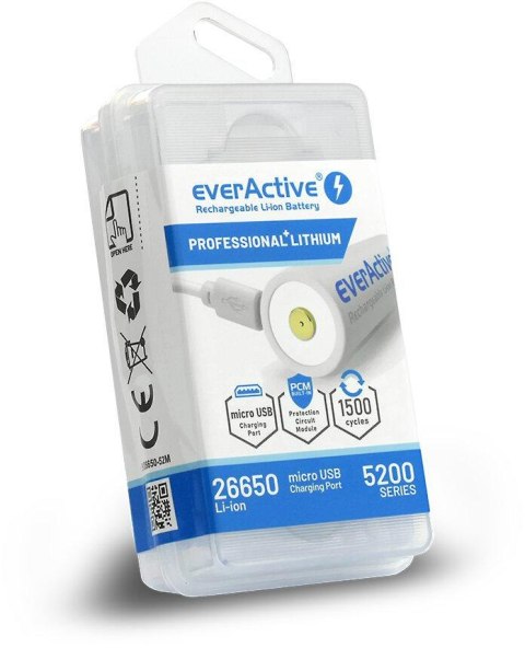 Akumulator 26650 Li-Ion 3,7V everActive 5200mAh micro USB (1 szt.) z zabezpieczeniem Akumulator 26650 Li-Ion 3,7V everActive 5200mAh micro USB (1 szt.) z zabezpieczeniem