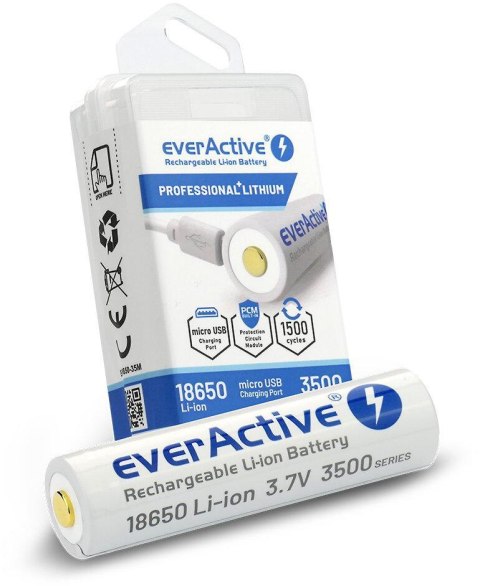 Akumulator 18650 Li-Ion 3,7V everActive 3500mAh (1 szt.) micro-USB z zabezpieczeniem Akumulator 18650 Li-Ion 3,7V everActive 3500mAh (1 szt.) micro-USB z zabezpieczeniem