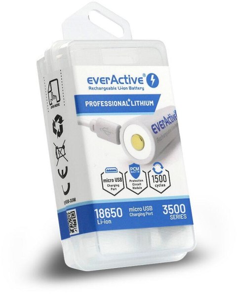 Akumulator 18650 Li-Ion 3,7V everActive 3500mAh (1 szt.) micro-USB z zabezpieczeniem Akumulator 18650 Li-Ion 3,7V everActive 3500mAh (1 szt.) micro-USB z zabezpieczeniem