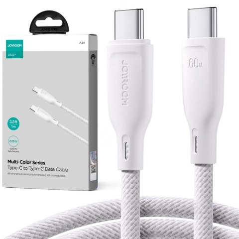 Kabel USB-C / USB-C Joyroom SA34-CC3 100cm 60W 5A PD w oplocie biały Kabel USB-C / USB-C Joyroom SA34-CC3 100cm 60W 5A PD w oplocie biały