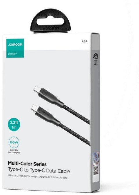 Kabel USB-C / USB-C Joyroom SA34-CC3 100cm 60W 5A PD w oplocie czarny Kabel USB-C / USB-C Joyroom SA34-CC3 100cm 60W 5A PD w oplocie czarny