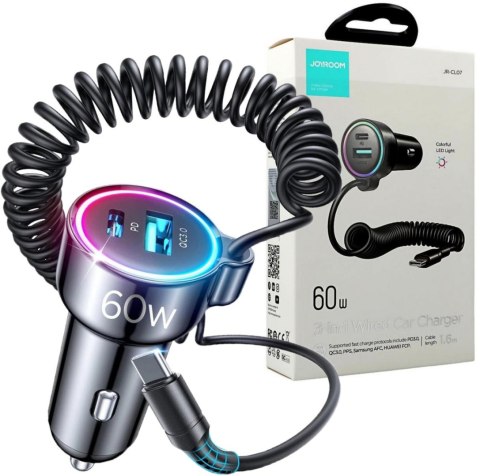 Ładowarka samochodowa 3w1 Joyroom JR-CL07 60W 4.0A PD 3.0 QC 3.0 1x USB-A 1x USB-C z kablem 1.6M Ładowarka samochodowa 3w1 Joyroom JR-CL07 60W 4.0A PD 3.0 QC 3.0 1x USB-A 1x USB-C z kablem 1.6M