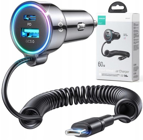Ładowarka samochodowa 3w1 Joyroom JR-CL07 60W 4.0A PD 3.0 QC 3.0 1x USB-A 1x USB-C z kablem 1.6M Ładowarka samochodowa 3w1 Joyroom JR-CL07 60W 4.0A PD 3.0 QC 3.0 1x USB-A 1x USB-C z kablem 1.6M