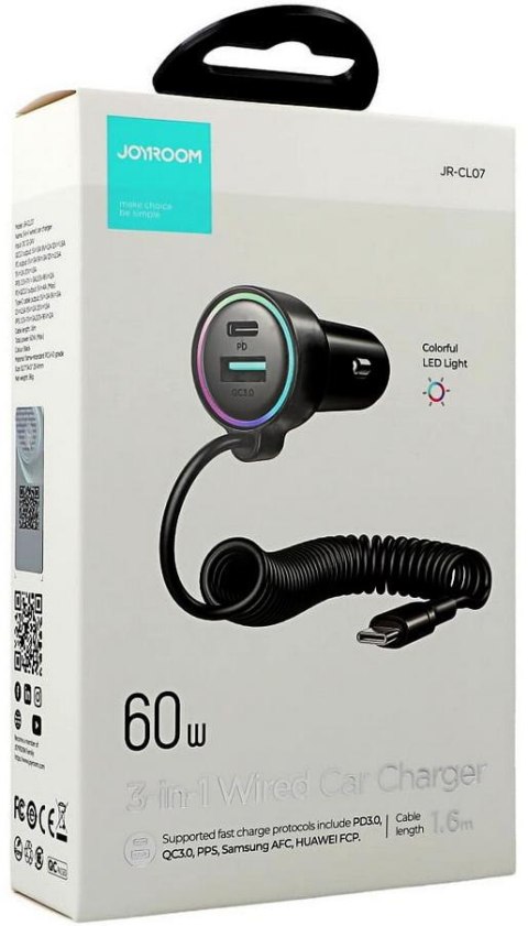 Ładowarka samochodowa 3w1 Joyroom JR-CL07 60W 4.0A PD 3.0 QC 3.0 1x USB-A 1x USB-C z kablem 1.6M Ładowarka samochodowa 3w1 Joyroom JR-CL07 60W 4.0A PD 3.0 QC 3.0 1x USB-A 1x USB-C z kablem 1.6M