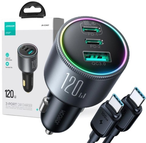 Ładowarka samochodowa Joyroom JR-CCN07 120W 5.0A PD 3.0 QC 3.0 1x USB-A 2x USB-C + kabel Ładowarka samochodowa Joyroom JR-CCN07 120W 5.0A PD 3.0 QC 3.0 1x USB-A 2x USB-C + kabel