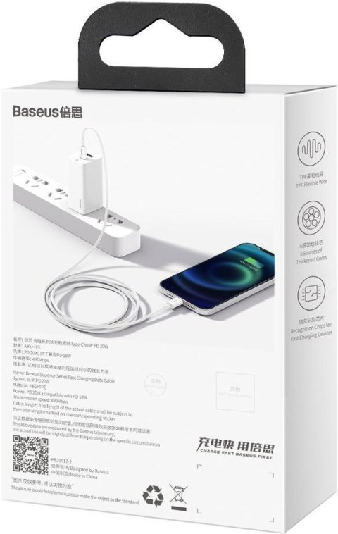 KABEL USB-C / Lightning iPhone Baseus Superior CATLYS-A02 1m 20W PD Quick Charging BIAŁY PREMIUM KABEL USB-C / Lightning iPhone Baseus Superior CATLYS-A02 1m 20W PD Quick Charging BIAŁY PREMIUM