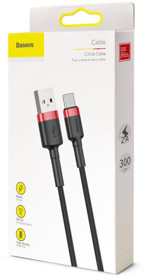 KABEL USB-A / USB-C Baseus Cafule CATKLF-U91 300cm 2A QC 3.0 CZARNO-CZERWONY W OPLOCIE KABEL USB-A / USB-C Baseus Cafule CATKLF-U91 300cm 2A QC 3.0 CZARNO-CZERWONY W OPLOCIE