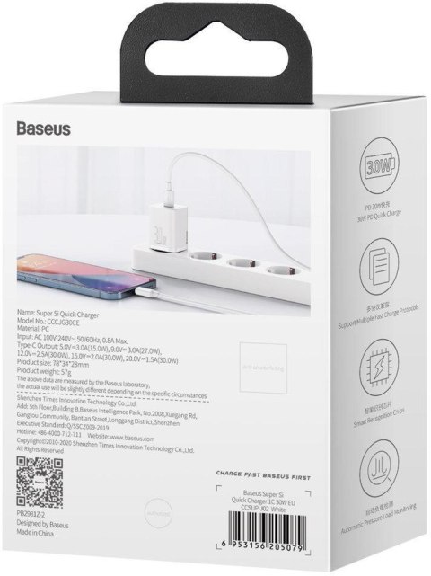 ŁADOWARKA SIECIOWA Baseus Super Si Quick Charger 1C CSUP-J02 30W 1x USB-C PD 3.0 QC 3.0 BIAŁA ŁADOWARKA SIECIOWA Baseus Super Si Quick Charger 1C CSUP-J02 30W 1x USB-C PD 3.0 QC 3.0 BIAŁA