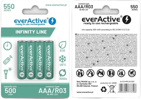Akumulatorki AAA / R03 Ni-MH everActive 550mAh Infinity Line 3000 cykli (blister 4 szt.) Akumulatorki AAA / R03 Ni-MH everActive 550mAh Infinity Line 3000 cykli (blister 4 szt.)