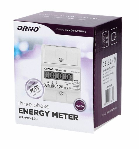 OR-WE-520 ORNO 3-fazowy licznik energii elektrycznej, 80A, MID, 3 moduły, DIN TH-35mm OR-WE-520 ORNO 3-fazowy licznik energii elektrycznej, 80A, MID, 3 moduły, DIN TH-35mm