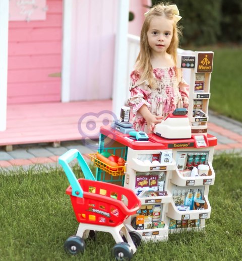 WOOPIE Sklep Supermarket z Wózkiem Sklepowym Waga Kasa Skaner + 48 Akc.