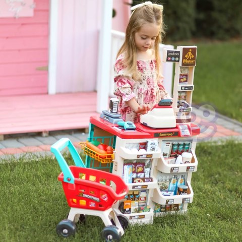 WOOPIE Sklep Supermarket z Wózkiem Sklepowym Waga Kasa Skaner + 48 Akc.