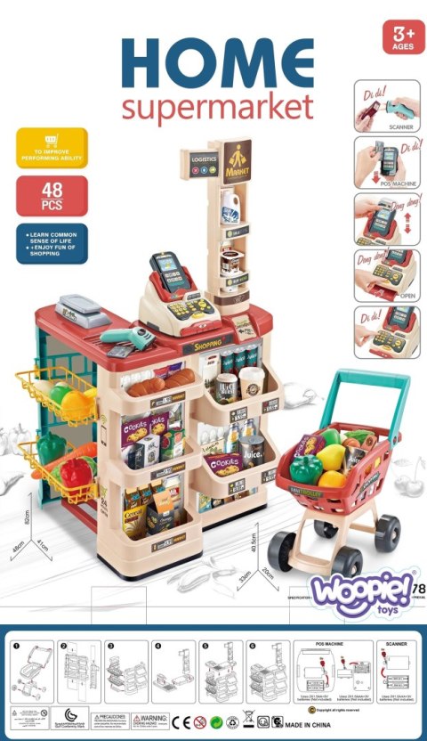 WOOPIE Sklep Supermarket z Wózkiem Sklepowym Waga Kasa Skaner + 48 Akc.
