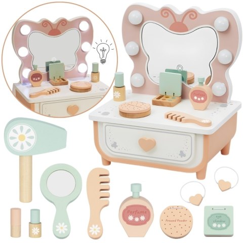 TOOKY TOY Drewniana Toaletka Motylek Akcesoria Lustro z Oświetleniem LED + Kosmetyki