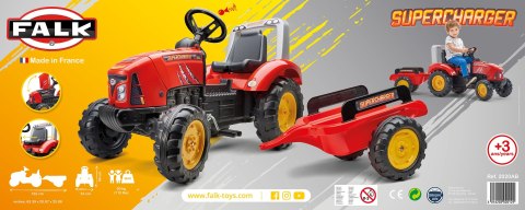 FALK Traktorek Red Supercharger na Pedały z Przyczepką Otwierany od 3-7 Lat