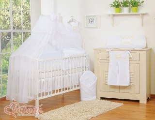 Duża moskitiera do łóżeczka dziecięcego z białego szyfonu z kółeczkami i kokardką - białe zawieszki