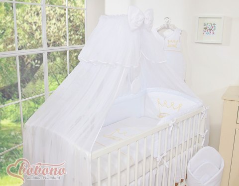 Duża moskitiera do łóżeczka dziecięcego z białego szyfonu z kółeczkami i kokardką - białe zawieszki