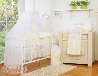 Duża moskitiera do łóżeczka dziecięcego z białego szyfonu z kółeczkami i kokardką -kremowe zawieszki