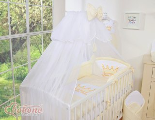 Duża moskitiera do łóżeczka dziecięcego z białego szyfonu z kółeczkami i kokardką -kremowe zawieszki