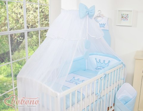 Duża moskitiera do łóżeczka dziecięcego z białego szyfonu z kółeczkami i kokardką - niebieskie