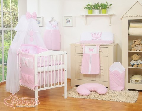 Duża moskitiera do łóżeczka dziecięcego z białego szyfonu z kółeczkami i kokardką - różowe zawieszki