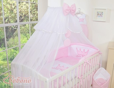 Duża moskitiera do łóżeczka dziecięcego z białego szyfonu z kółeczkami i kokardką - różowe zawieszki