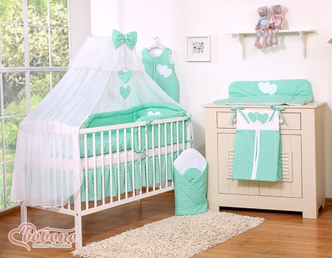 Duża moskitiera do łóżeczka dziecięcego z białego szyfonu z serduszkami i kokardką -grochy na mięcie