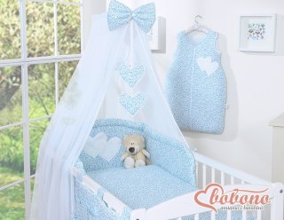 Duża moskitiera do łóżeczka dziecięcego z białego szyfonu z serduszkami i kokardką-łączka niebieska