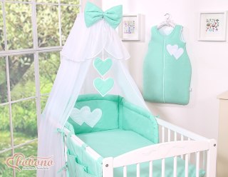 Duża moskitiera do łóżeczka dziecięcego z białego szyfonu z serduszkami i kokardką - miętowe