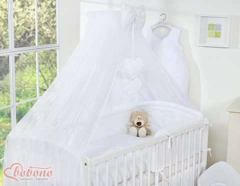 Duża moskitiera do łóżeczka dziecięcego z szyfonu z wiszącymi serduszkami i kokardką - biała