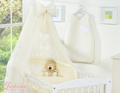 Duża moskitiera do łóżeczka dziecięcego z szyfonu z wiszącymi serduszkami i kokardką - kremowa