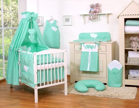 Pościel 5-cz 120x90 - Serduszka białe grochy na mięcie