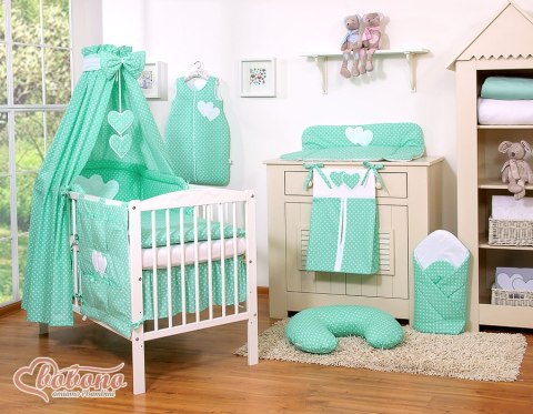 Pościel 5-cz 120x90 - Serduszka białe grochy na mięcie