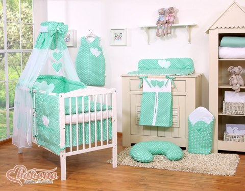 Pościel 5-cz 120x90 - Serduszka białe grochy na mięcie