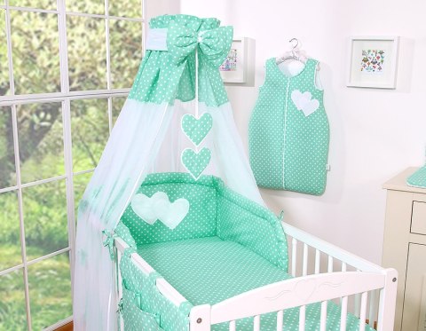 Pościel 5-cz 120x90 - Serduszka białe grochy na mięcie