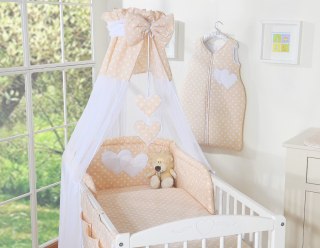 Pościel 5-cz 120x90 z baldachimem - Wiszące Serduszka białe grochy na beżu