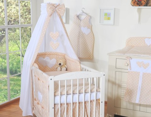 Pościel 5-cz 120x90 z baldachimem - Wiszące Serduszka białe grochy na beżu