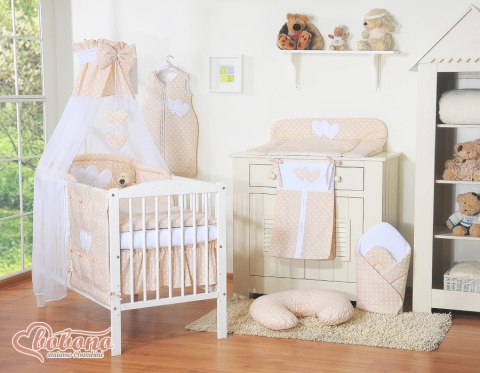 Pościel 5-cz 120x90 z baldachimem - Wiszące Serduszka białe grochy na beżu