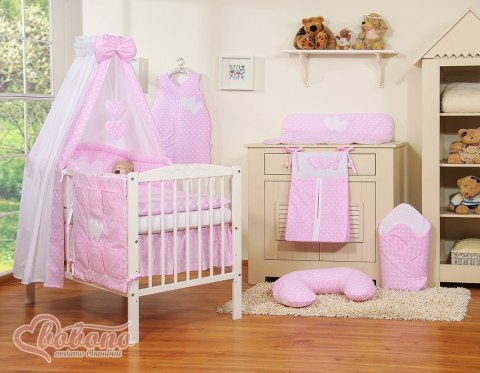 Pościel 5-cz 120x90 z baldachimem - Wiszące Serduszka białe grochy na różowym