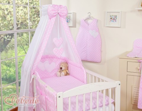 Pościel 5-cz 120x90 z baldachimem - Wiszące Serduszka białe grochy na różowym