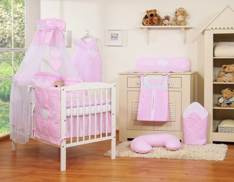 Pościel 5-cz 120x90 z baldachimem - Wiszące Serduszka białe grochy na różowym