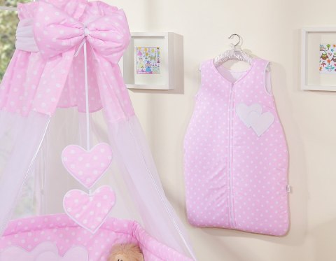 Pościel 5-cz 120x90 z baldachimem - Wiszące Serduszka białe grochy na różowym