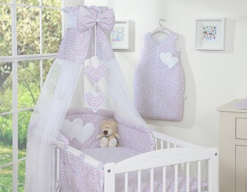 Pościel 5-cz 120x90 z baldachimem - Wiszące Serduszka łączka różowa