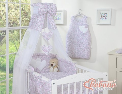 Pościel 5-cz 120x90 z baldachimem - Wiszące Serduszka łączka różowa