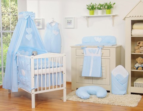 Pościel 5-cz 120x90 z baldachimem - Wiszące Serduszka paseczki niebieskie