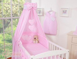 Pościel 5-cz 120x90 z baldachimem - Wiszące Serduszka paseczki różowe